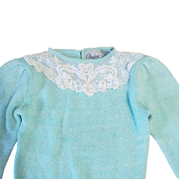 Vintage 80s Andene Mint Green Sweater Womens S Lace Grannycore Retro Feminine - Picture 3 of 7